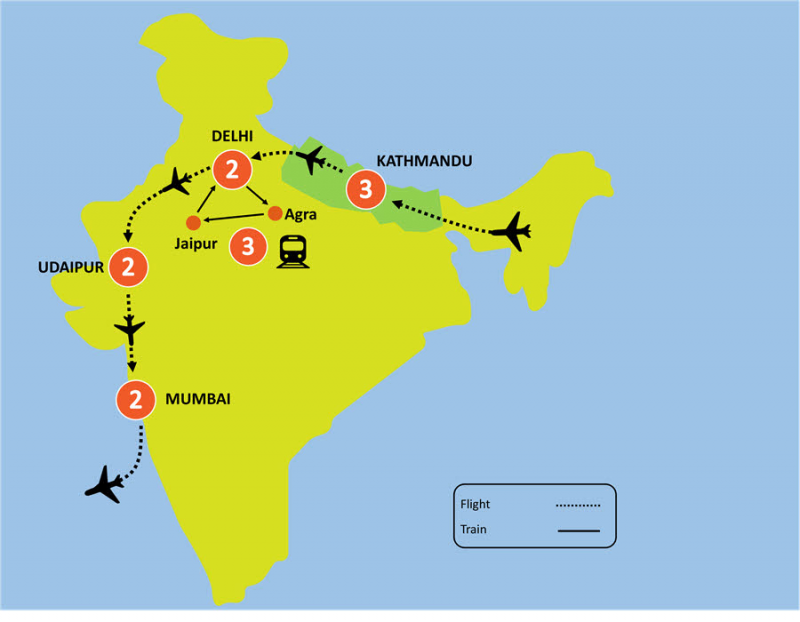 tourhub | Tweet World Travel | 13-Day Majestic Nepal And India Luxury Tour | Tour Map