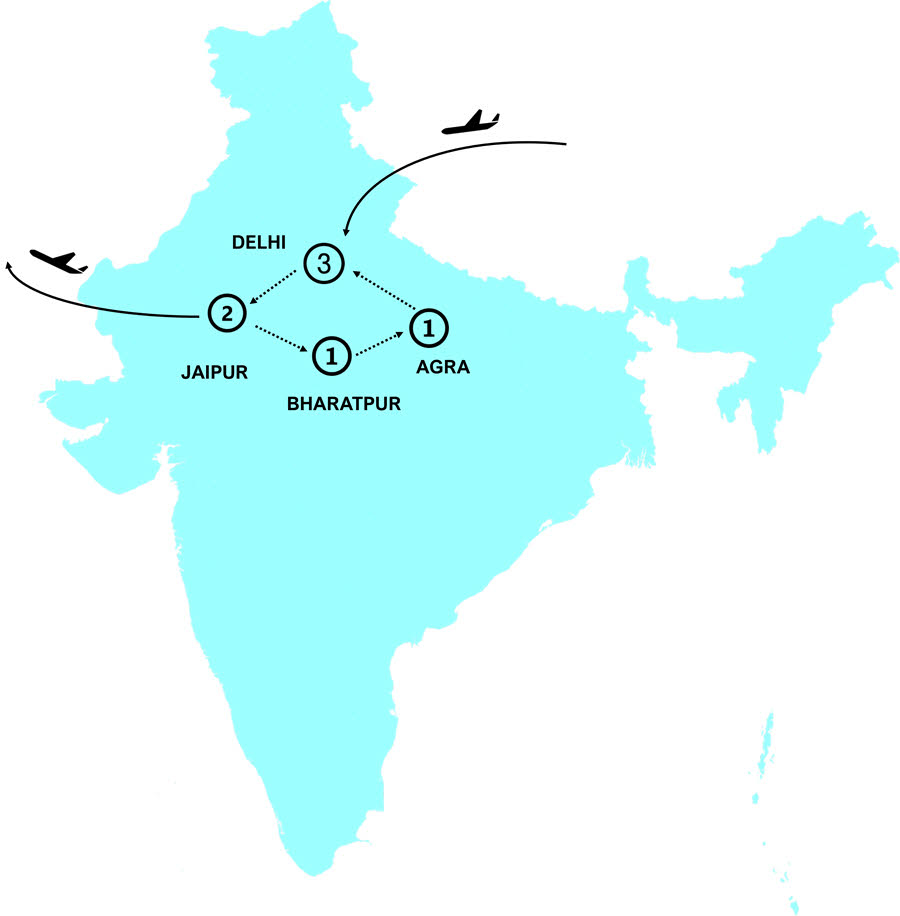 tourhub | Tweet World Travel | India Golden Triangle Tour With Bharatpur 8-Day | Tour Map